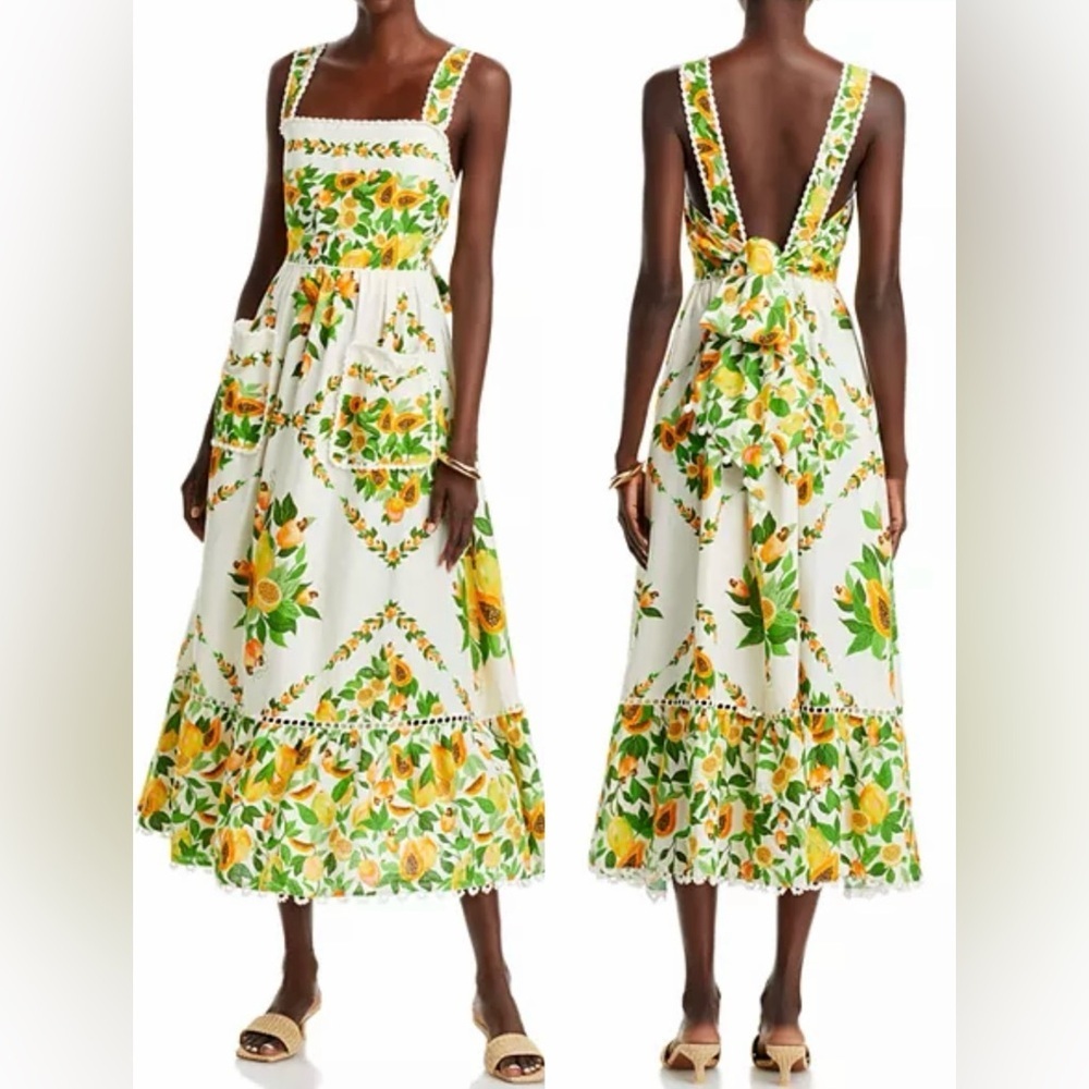 New Farm Rio Papaya Salad Scarf Tie Open Back Floral Midi Dress Medium